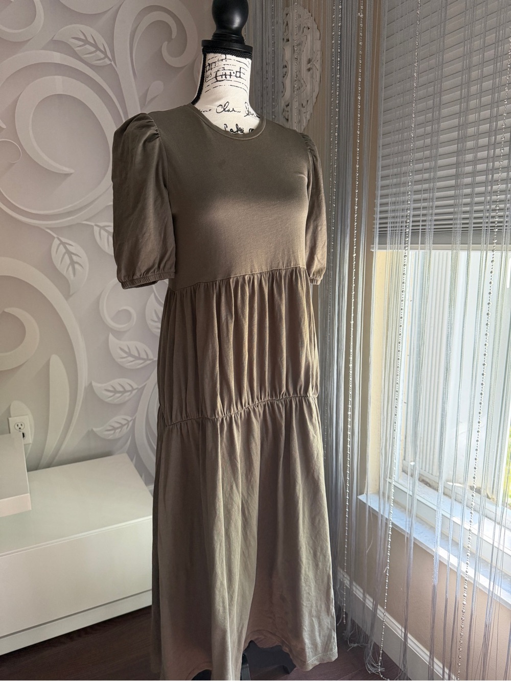 Zara Olive Green Puff-Sleeve Tiered Maxi Dress